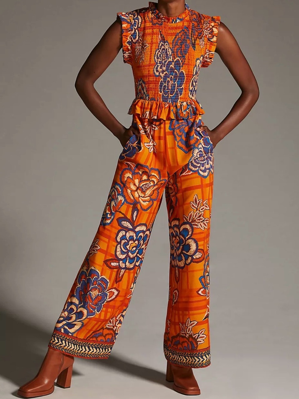 NWT Farm Rio x Anthropologie Orange Motif Smocked Wide Leg Jumpsuit